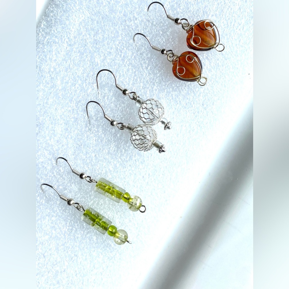 Elegant Hand Made Silver, Green and Brown Earrings Set